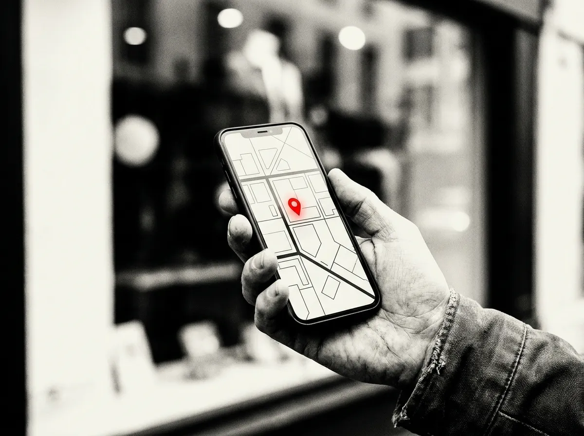 Iemand bekijkt een bedrijfslocatie op een kaart-app